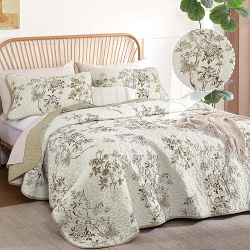 WONGS BEDDING Floral Quilt Set Queen,3 Piece Brown Botanical Leaf & Butterfly Pattern Bedspread Coverlet Set,Soft Beautiful Farmhouse Plants Quilts Bedding Set - color: Brown, size: Queen