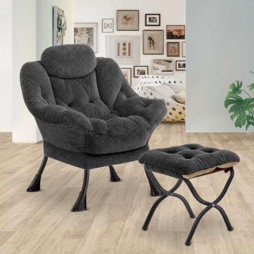 Lazy Chair with Folding Ottoman,Leisure Sofa Chair,Soft Fabric Armchair with Armrests and Side Pockets, Reading Chair with Footrest for Living Room, Bedroom, Office (Plush Dark Grey) - color: Plush Dark Grey