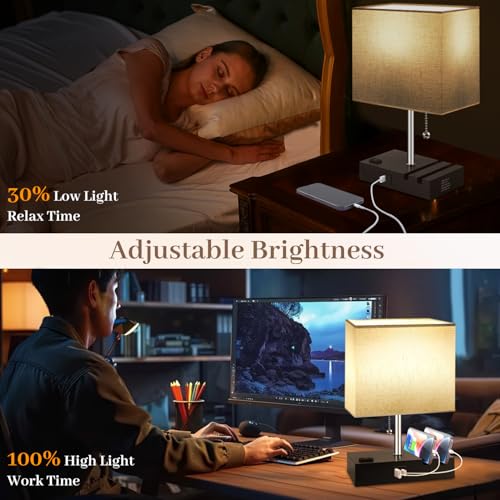 Smart RGB Dimmable Table Lamp Compatible with Alexa&APP&Remote Control, Bedside Desk Lamp with Charging Ports&Outlet&Phone Stand, Music Sync Nightstand Lamp for Bedroom Living Room Office Dorm, Beige | Bedside Desk Lamp with Charging Ports&Outlet&Phone St