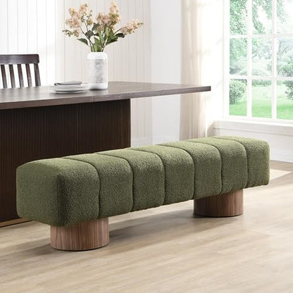 Christopher Knight Home Manila 64" Boucle Dining Bench, Upholstered Ottoman Bench, Rectangular Dining Seat, Spacious Seating, Long Footstool for Living Room Dining Room, No Assembly Needed, Green - color: Green N
