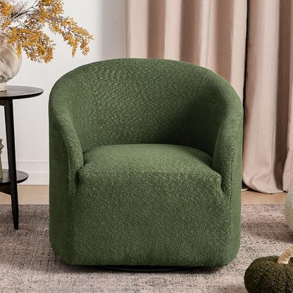 KINWELL 32" Wide Modern Boucle Swivel Barrel Chair, No Assembly Round Upholstered Swivel Accent Armchair for Living Room, Bedroom, Office (Green) - color: Green, style: Set of 1