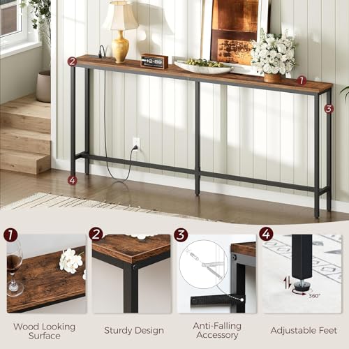 MAHANCRIS 70.9'' Console Table with Power Outlet, Narrow Sofa Table with Charging Station, Skinny Behind Couch Table for Entryway, Hallway, Foyer, Living Room, Rustic Brown CTHR18E01Z1 - color: Rustic Brown, Black, size: 70.9"L x 7.9"W x 31.7"H