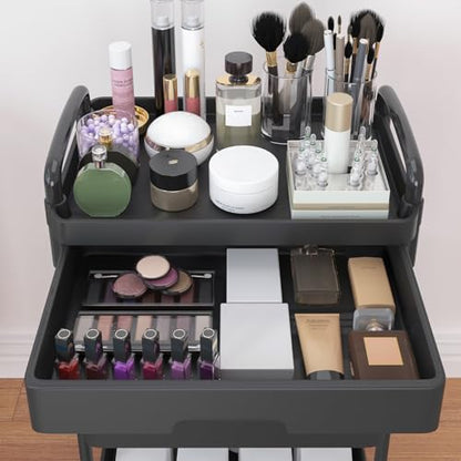 Calmootey 4-Tier Rolling Utility Cart with Drawer,Multifunctional Storage Organizer with Plastic Shelf & Metal Wheel,Storage Cart for Kitchen,Bathroom,Living Room,Office,Black | Space-Saving Organizer, Sturdy Plastic Shelves, Smooth-Rolling Metal Wheels,