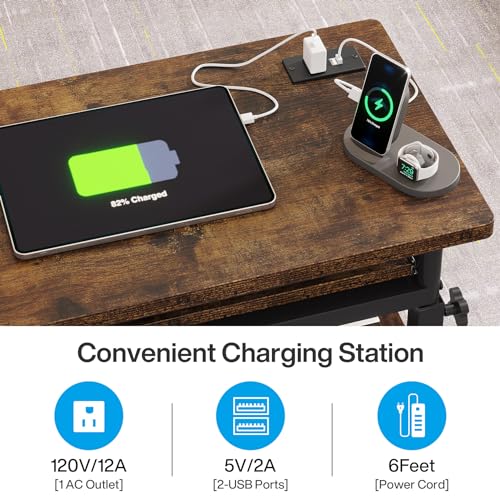 Tribesigns Small Portable Desk with Power Outlet, Height Adjustable Sofa Couch Bedside Laptop Table with Wheels, Mobile Standing Desk Rolling Computer Cart C Side Table with USB Ports - color: Brown