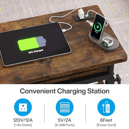 Tribesigns Small Portable Desk with Power Outlet, Height Adjustable Sofa Couch Bedside Laptop Table with Wheels, Mobile Standing Desk Rolling Computer Cart C Side Table with USB Ports - color: Brown