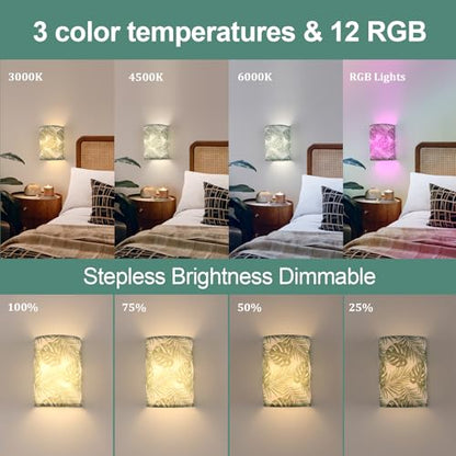 Shenmoyl Adhesive Battery Operated Wall Sconce Set of 2, 5000 mAh Battery Rechargeable Bulb with 12 RGB Colors, Stick on Wall Sconce No Drill Wall Lights, Pattern - color: Semicircle Leaf
