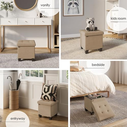 Storage Ottoman Cube with Small Bin, 15-in Square Ottoman with Storage for Living Room and Bedroom, Small Ottomans Foot Rest, Fabric Foot Stools Ottomans Max 330lbs, Taupe - color: 07 - Taupe