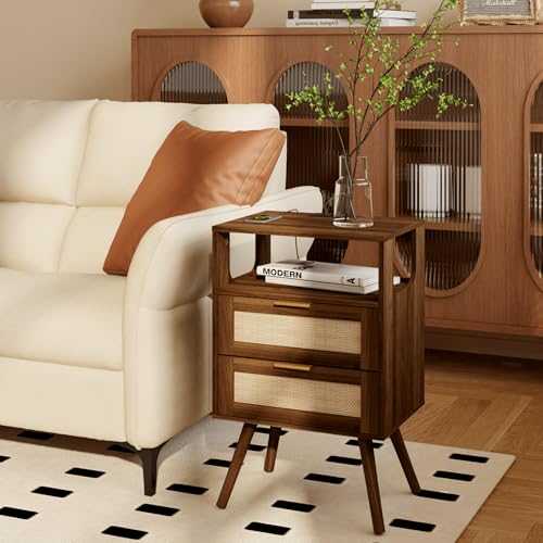 Rattan Nightstand with Charging Station,Farmhouse Bedside Table with 2 Storage Drawer and Open Wood Shelf, for Bedroom and Small Spaces,Night Stand with Solid Wood Legs (Walnut Brown-Outlet) - color: Walnut Brown-outlet