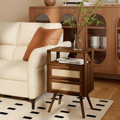 Rattan Nightstand with Charging Station,Farmhouse Bedside Table with 2 Storage Drawer and Open Wood Shelf, for Bedroom and Small Spaces,Night Stand with Solid Wood Legs (Walnut Brown-Outlet) - color: Walnut Brown-outlet