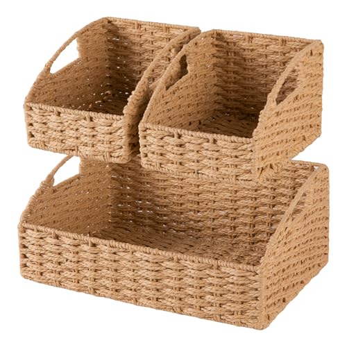 OIAHOMY Pantry Baskets for Organizing, Paper Rope Baskets with Built-in Handles, Wicker Storage Baskets for Shelves, 3 Pack-Yellow - color: Yellow