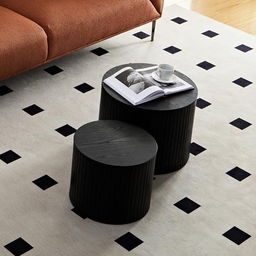 Round Nesting Coffee Table Set of 2, Wood Side Tables with Storage | Fluted Walnut Accent and End Tables Sets, Mid Century Modern, Living room, bedroom, office, small spaces, Black - color: Black With Storage