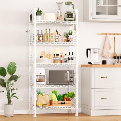 Metal Storage Rack, Storage Organizer Shelves for Kitchen, Bathroom, Living Room, Balcony and Garage, 5 Tiers Narrow Bookshelf, 21.2" W x 9.4" D x 59.2" H, Load 400lbs, White | 5 Tiers Narrow Bookshelf, Storage Rack for Bathroom, Living Room, Balcony and