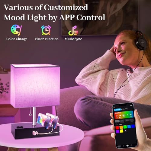 Smart RGB Dimmable Table Lamp Compatible with Alexa&APP&Remote Control, Bedside Desk Lamp with Charging Ports&Outlet&Phone Stand, Music Sync Nightstand Lamp for Bedroom Living Room Office Dorm, Beige | Bedside Desk Lamp with Charging Ports&Outlet&Phone St