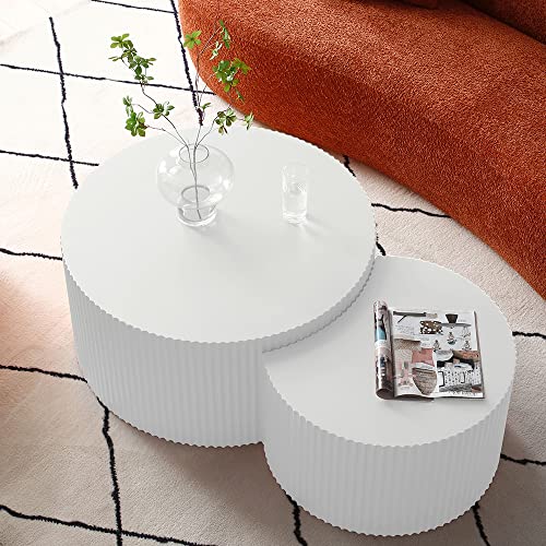 Nesting Coffee Table Set of 2, Modern Round Coffee Table End Table Set for Living Room, Wood Circle Drum Side Table,White - color: White
