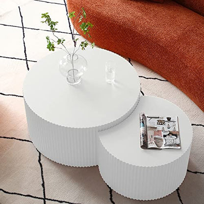 Nesting Coffee Table Set of 2, Modern Round Coffee Table End Table Set for Living Room, Wood Circle Drum Side Table,White - color: White