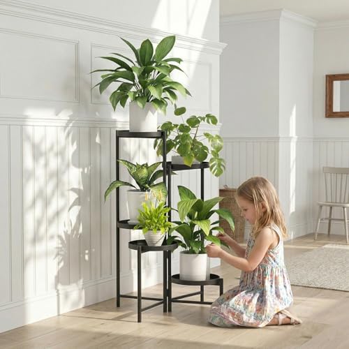 5 Tier Tall Metal Plant Stand, Duty Tiered Flower Shelf for Patio Garden | Rotatable 5-tier design, Foldable storage, leakproof trays, Waterproof rustproof, 10-minute easy assembly - size: 5 Tier