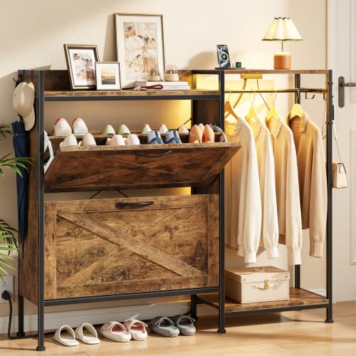 Shoe Cabinet with 2 Flip Drawers and Coat Rack, 41.3" W | Charging Station&LED Lights, 4 Side Hooks, Adjustable Shelves, Hidden Shoe Storage Cabinet, for Entryway, Hallway