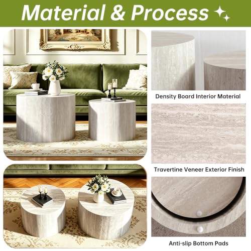 18 inch Stone Round Nesting Coffee Table Set of 2, Travertine | Travertine Veneer, For Living Room, Mid-Century Modern Style, Nestable Design, Nested End Side Table, For Small Spaces - color: Travertine