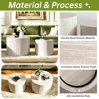 18 inch Stone Round Nesting Coffee Table Set of 2, Travertine | Travertine Veneer, For Living Room, Mid-Century Modern Style, Nestable Design, Nested End Side Table, For Small Spaces - color: Travertine