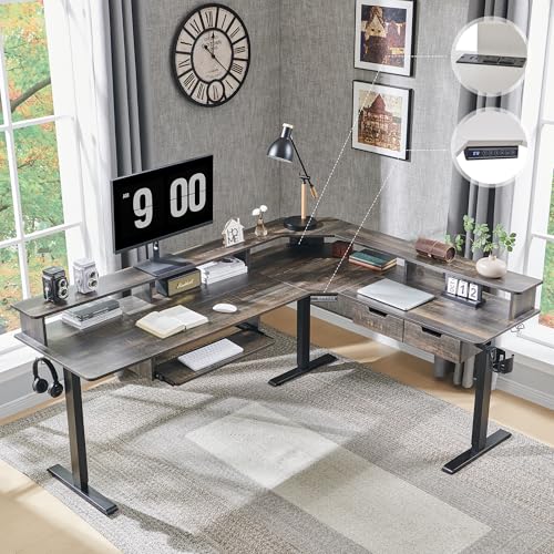 RedLemon 75x60 Inches L Shaped Electric Standing Desk, Dark Rustic Oak | Height Adjustable Corner Gaming Desk with Drawer, Keyboard Tray, Power Outlets & LED Lights, Computer Desk w/ Monitor Shelf - color: Dark Rustic Oak, size: 75"X60"