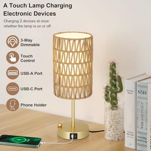 Gold Bedside Lamps Set of 2, Touch Control Night Stand Lamp for Bedroom with Rattan & Linen Shade & Bulbs, 3 Way Dimmable Small Boho Table Lamps with USB Charging Port & Phone Stand - color: Gold-2pack