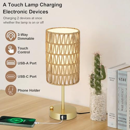 Gold Bedside Lamps Set of 2, Touch Control Night Stand Lamp for Bedroom with Rattan & Linen Shade & Bulbs, 3 Way Dimmable Small Boho Table Lamps with USB Charging Port & Phone Stand - color: Gold-2pack