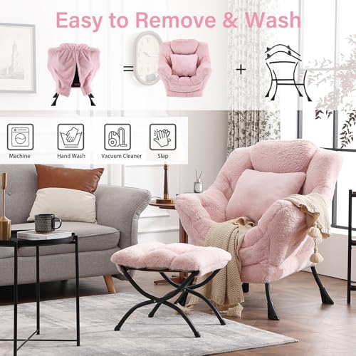 Lazy Chair with Ottoman, Plush Reading Chair with Pillow，Pink | Removable machine-washable cover; includes an extra throw pillow; cozy accent chair for living room, bedroom, dorm or office - color: Plush Cotton Candy Pink