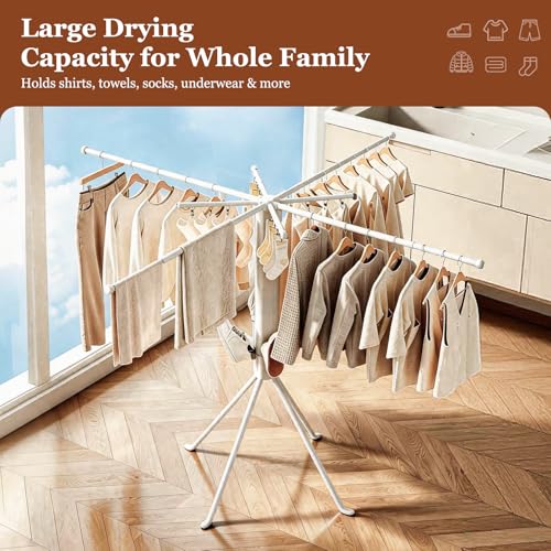 Adjustable Collapsible Umbrella Style Clothes Drying Rack, 4Legs6Telescopic Arms, Space-Saving Freestanding Laundry Airer with Windproof Clips, Easy Setup Indoor Outdoor (White-Plastic) - color: White-plastic