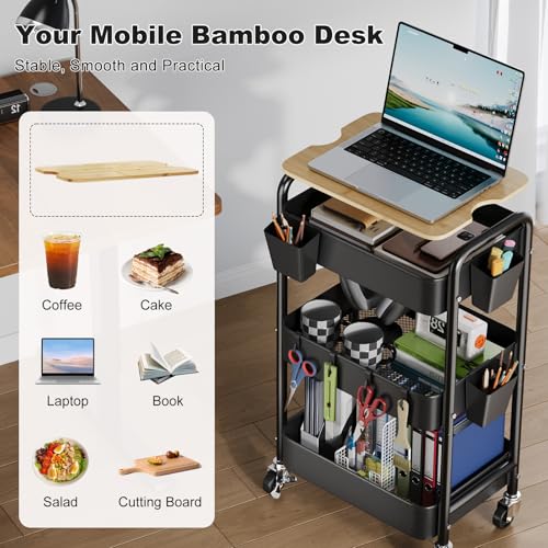 3 Tier Rolling Cart with Wood Table Top, Rolling Cart Table on Lockable Wheels,Rolling Side Table with Storage, Black Utility Carts for Arts and Crafts, Dorm, Medica, Laundry Room, Roller Book Shelf - color: Black