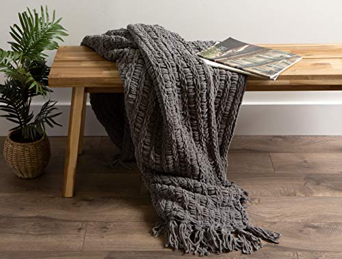 J & M Home Fashions Chenille Luxury Thick Woven Throw with Fringe, Gray - color: Gray
