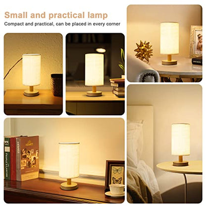Small Bedside Table Lamp for Bedroom, Minimalist Wood Base & Round Fabric Shade, Mini Cute Cozy Warm White Nightstand Boho Lamp, Study Desk Night Stand Light for Room, Dorm, Nursery, Living Room - size: Cylinder - Set of 1