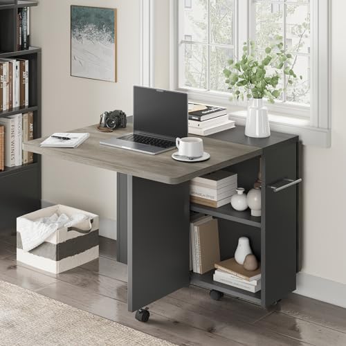 Folding Dining Table with 2-Layer Storage Rack, Drop Leaf Tables, Grey | Small Spaces, Foldable Dining Table with 3 Wheels, Kitchen Table, Dining Room - color: Grey, size: 47.2"D x 23.6"W x 29.5"H