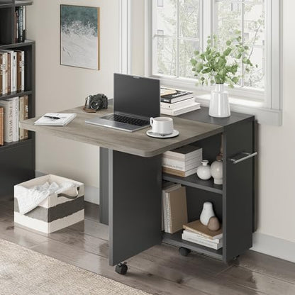 Folding Dining Table with 2-Layer Storage Rack, Drop Leaf Tables, Grey | Small Spaces, Foldable Dining Table with 3 Wheels, Kitchen Table, Dining Room - color: Grey, size: 47.2"D x 23.6"W x 29.5"H