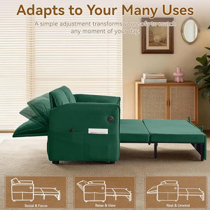 63" 3-in-1 Velvet Convertible Sleeper Sofa Bed, Modern Adjustable Backrest Loveseat Pull Out Couch with USB & Side Pocket, Small Space Love Seat Sofa Bed for Living Room, Bedroom, Green Velvet - color: Green