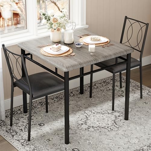 Space-Saving Dining Table Set for 2 – 3-Piece Farmhouse Wood Table & | Upholstered Chairs – Modern Compact Dining Furniture for Apartments & Breakfast Nooks – Grey - color: Grey