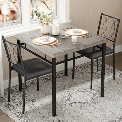 Space-Saving Dining Table Set for 2 – 3-Piece Farmhouse Wood Table & | Upholstered Chairs – Modern Compact Dining Furniture for Apartments & Breakfast Nooks – Grey - color: Grey