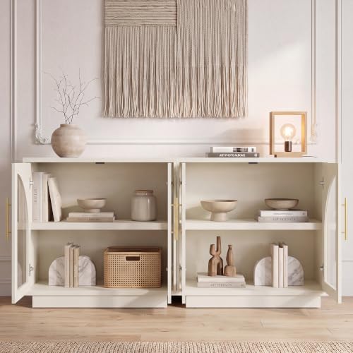 Fatmok Arched Glass Sideboard Buffet Accent Cabinet, 31.5" Display Credenza with Adjustable Shelf,1-Piece Modular Coffee Station Storage for Kitchen Living Room Bedroom, Beige(Not White) - color: D-beige