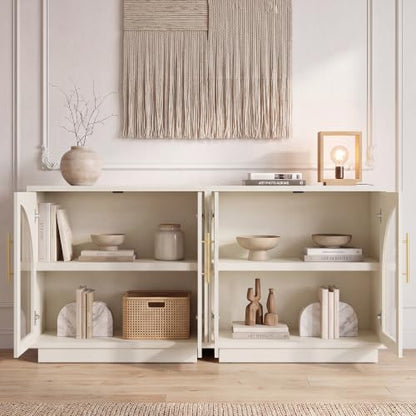 Fatmok Arched Glass Sideboard Buffet Accent Cabinet, 31.5" Display Credenza with Adjustable Shelf,1-Piece Modular Coffee Station Storage for Kitchen Living Room Bedroom, Beige(Not White) - color: D-beige