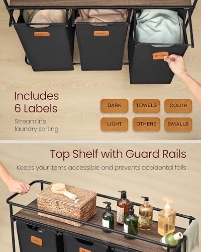 VASAGLE Laundry Sorter, Laundry Hamper with Wheels, 39.6 Gal. (150 L) Portable Rolling Cart Baskets with Shelf, 3 Removable Liners and 6 Labels, Ink Black and Chestnut Brown UBLH103BH01 - size: 3 Bags