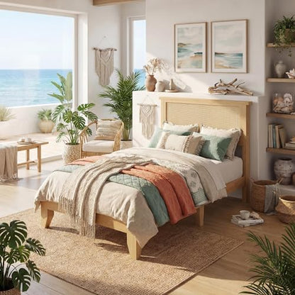 GAOMON Twin Size Wood Bed Frame with LED Light and Rattan Headboard | Solid Wood Leg, Under Bed Storage, Boho Style Platform Bed - size: Twin