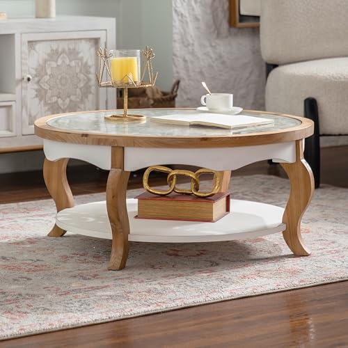 French Country Round Glass Coffee Table, 2-Tier Distressed Circle Storage Center Table with Curved Legs & Removeable Glasstop for Living Room - color: Antique White