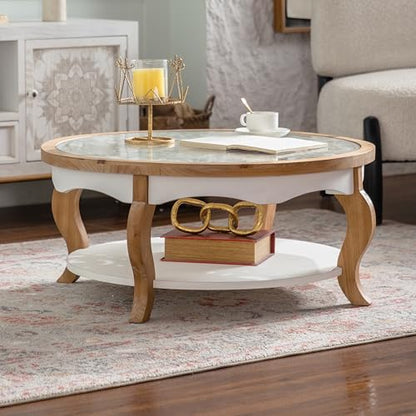 French Country Round Glass Coffee Table, 2-Tier Distressed Circle Storage Center Table with Curved Legs & Removeable Glasstop for Living Room - color: Antique White