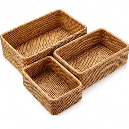 Yangqihome Natural Rattan Storage Baskets, Rectangular Woven Fruit Baskets, Decorative Wicker Basket and Small Baskets for Organizing (Set of 3) - size: Natural S / M / L