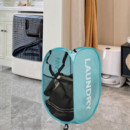 Mesh Pop Up Laundry Hamper with Handles, Collapsible Laundry Basket Side Pocket Dirty Clothes Hamper (Sky Blue) - color: Sky Blue