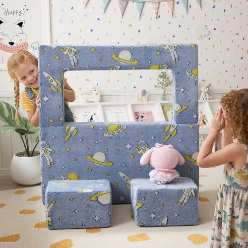 MeMoreCool Glow Modular Kids Couch, Denim Rocket | modular foam seating, removable washable cover, rocket glow design, lightweight pieces, playroom furniture - color: Denim Rocket