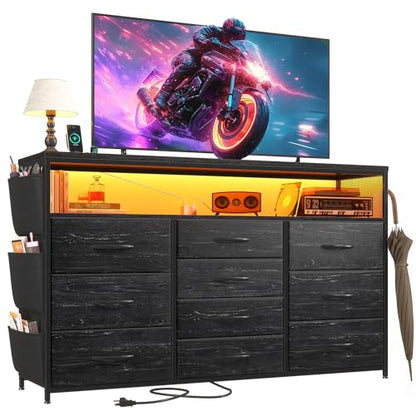 EnHomee Dresser with 10 Drawers, LED TV Stand for 55" TV with Power Outlets | Chest of Drawers with Side Pockets and Shelves, Metal Frame and Sturdy Wood for Bedroom, Hallway, Black - color: Black