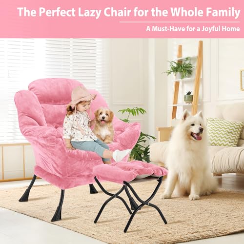 Youtanic Lazy Chair with Folding Ottoman, Accent Chair Plush Upholstered with Metal Structure and Non-Slip Pads, Sofa Armchair with Footrest and Side Storage Bag for Dorm, Room, Office, Pink - color: Plush Pink-f