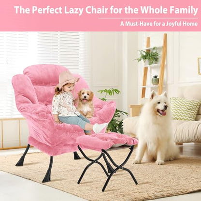 Youtanic Lazy Chair with Folding Ottoman, Accent Chair Plush Upholstered with Metal Structure and Non-Slip Pads, Sofa Armchair with Footrest and Side Storage Bag for Dorm, Room, Office, Pink - color: Plush Pink-f