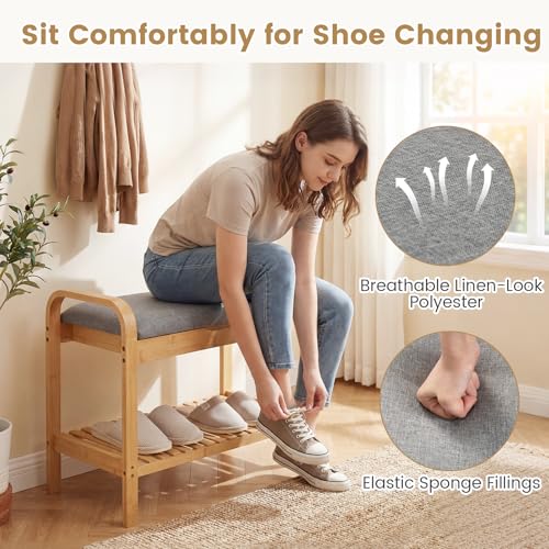 GOFLAME Bamboo Shoe Bench with Storage, 2-Tier Entryway Bench with Flip-Top Storage and Padded Seat Cushion, Shoe Rack Organizer with Shelf for Hallway, Bedroom, Living Room - style: With Storage - Small Size