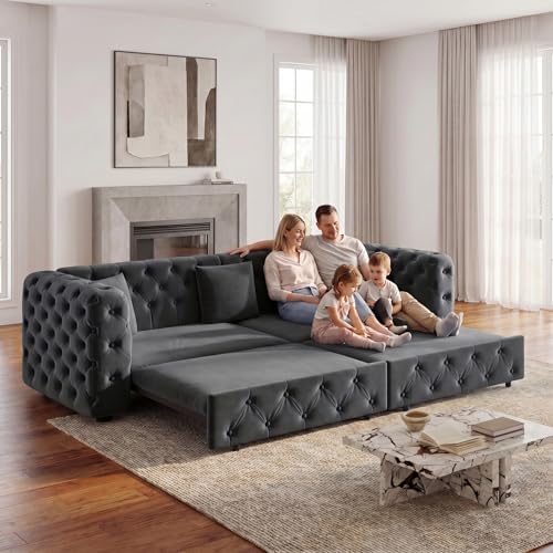 89" 4-Seater Queen Size Pull Out Sofa Bed with 3 Pillows, Gray | 4-Seater Classic Velvet Sofa with Tufted Design,3 Pillows,89" Extra Large 3-in-1 Pull Out Sofa - color: Q-dark Gray-w02